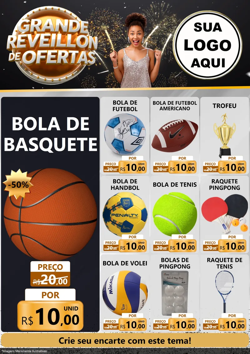 Modelo de Encarte para Encarte A4 Vertical com o tema Grande Réveillon de Ofertas para Artigos Esportivos