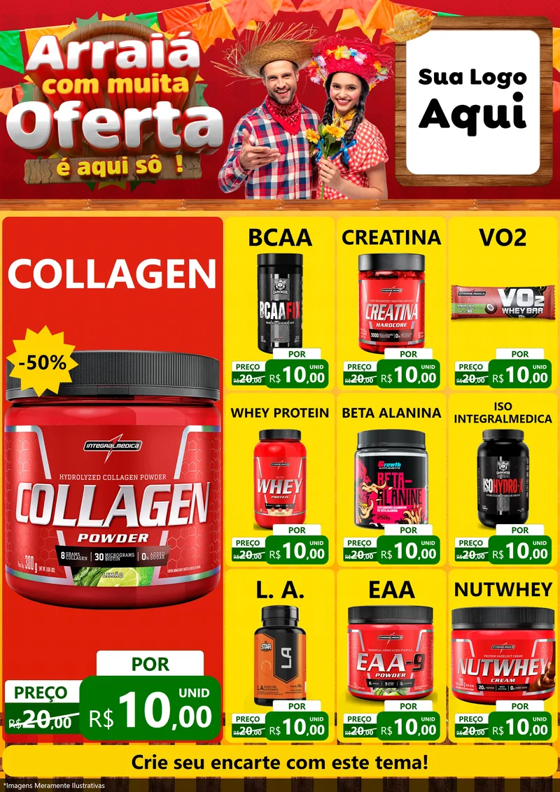 Modelo de Encarte para Encarte A4 Vertical com o tema Arraiá Com Muita Oferta - É Aqui Sô! para Suplementos alimentares