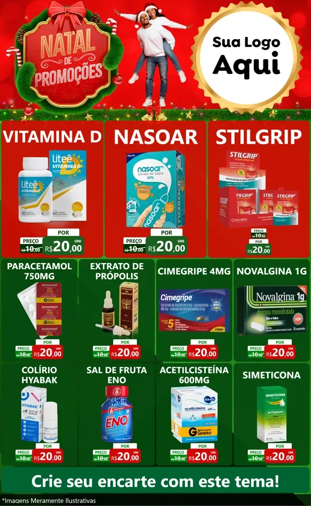 Modelo de Encarte para Encarte Grande com o tema Natal de Promoções para Farmácia