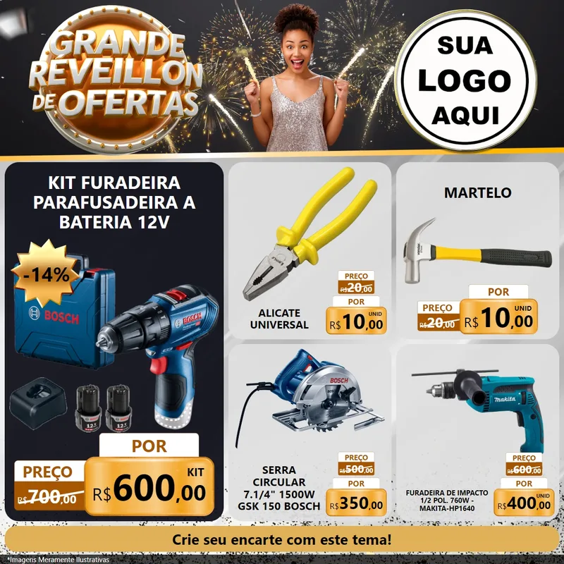 Modelo de Rede Social para Feed Facebook com o tema Grande Réveillon de Ofertas para Maquinas e Ferramentas