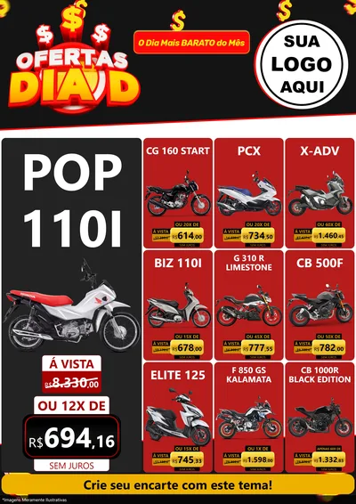 Modelo de Encarte para Encarte A4 Vertical com o tema Ofertas Dia D para Concessionaria de Motos