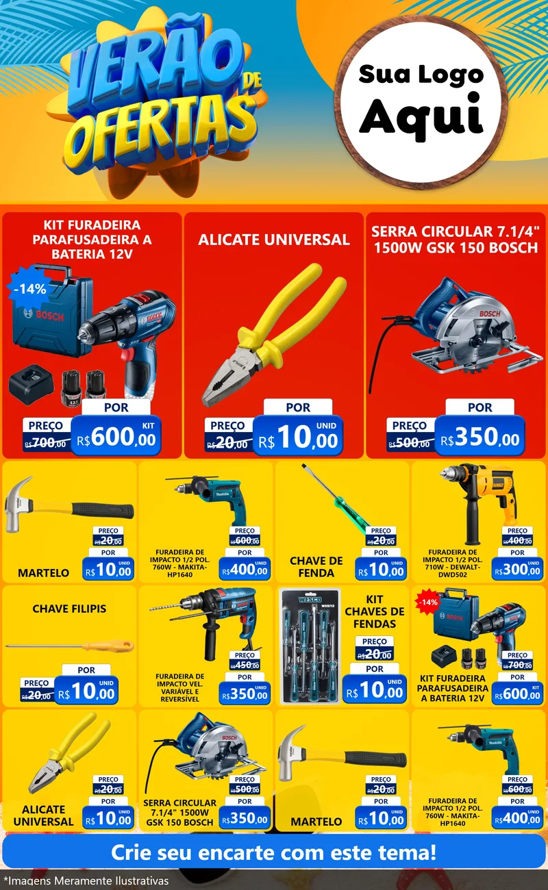 Modelo de Encarte para Encarte Grande com o tema Verão de Ofertas para Maquinas e Ferramentas