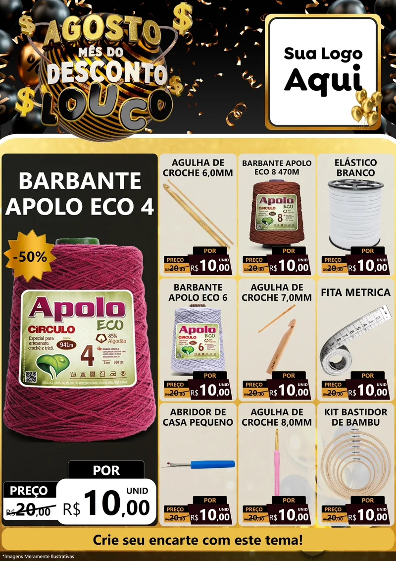 Modelo de Encarte para Encarte A4 Vertical com o tema Agosto Mês do Desconto Louco para Armarinho e Aviamentos
