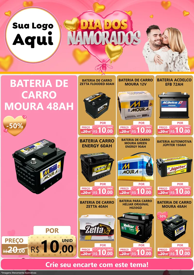 Modelo de Encarte para Encarte A4 Vertical com o tema Dia dos Namorados para Baterias Elétricas
