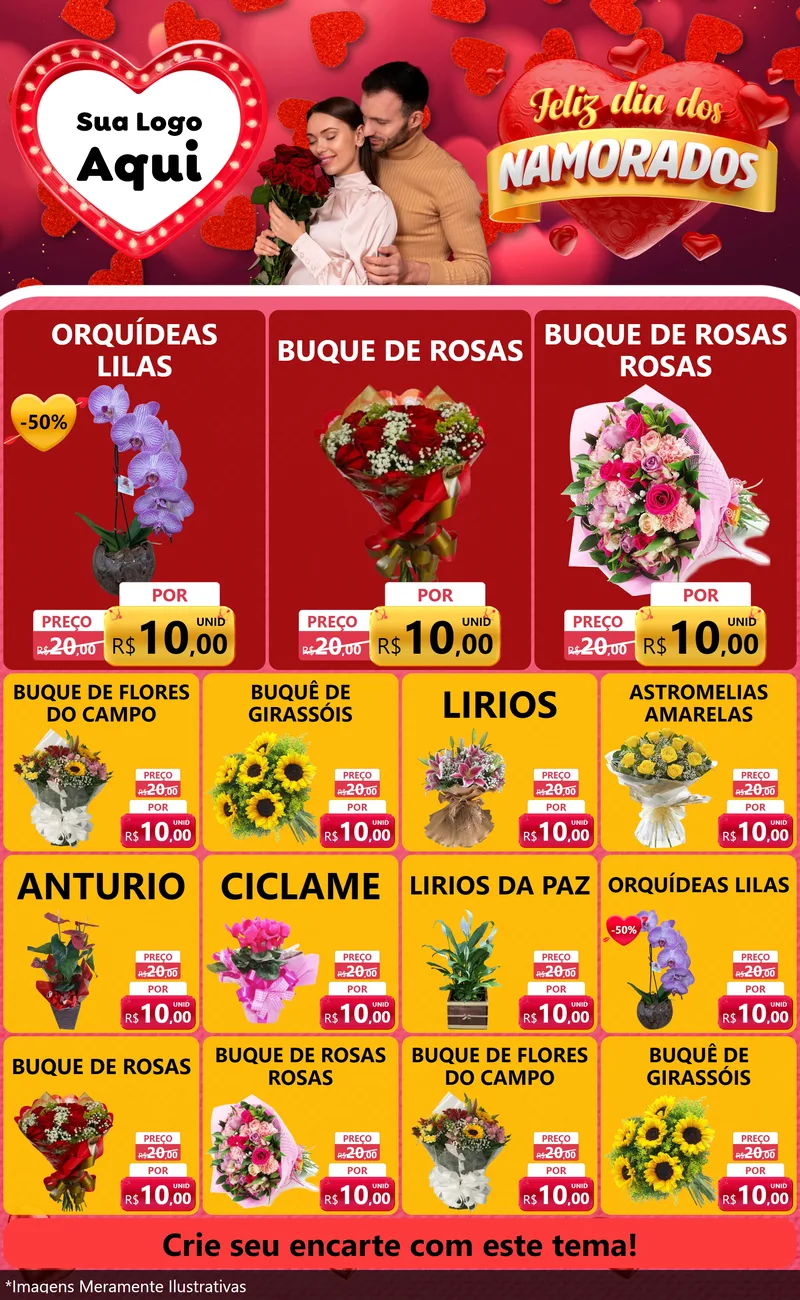 Modelo de Encarte para Encarte Grande com o tema Feliz Dia Dos Namorados para Floricultura e jardim