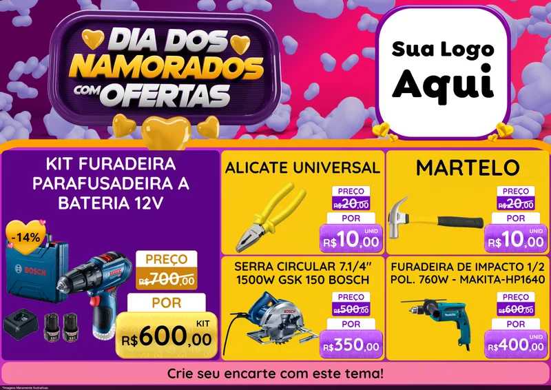 Modelo de Encarte para Encarte A4 Horizontal com o tema Dia Dos Namorados Com Ofertas para Maquinas e Ferramentas