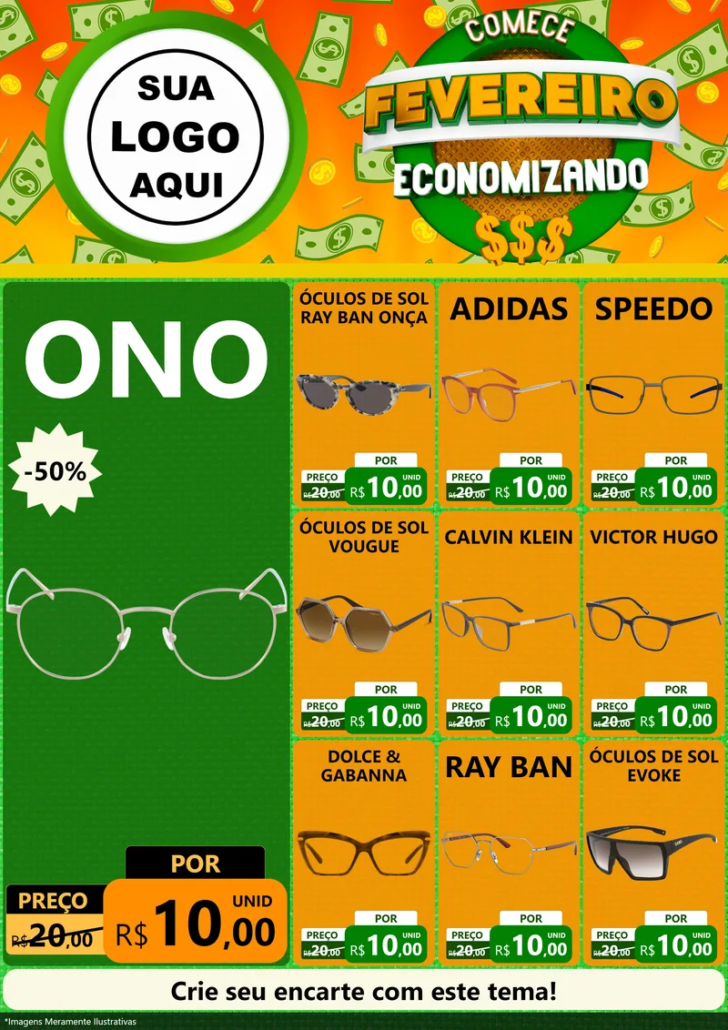 Modelo de Encarte para Encarte A4 Vertical com o tema Comece Fevereiro Economizando para Óticas