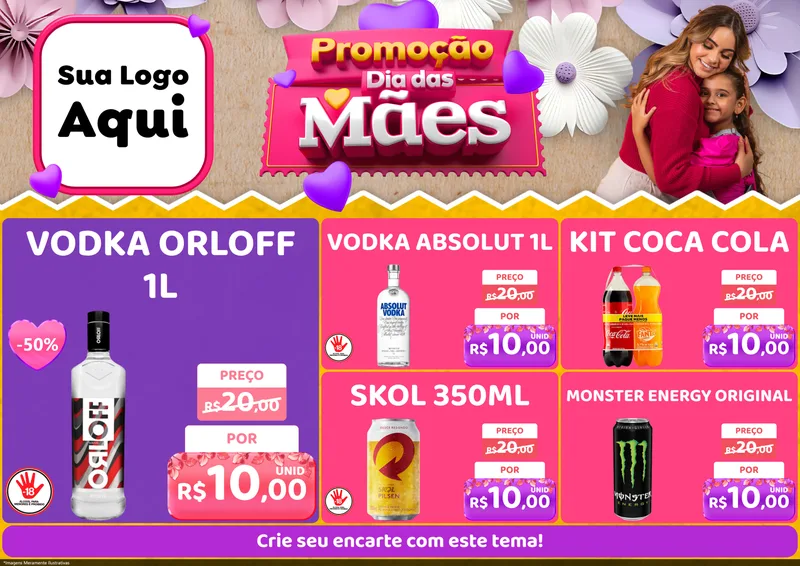 Modelo de Encarte para Encarte A4 Horizontal com o tema Promoção Dia das Mães para Distribuidora de bebidas