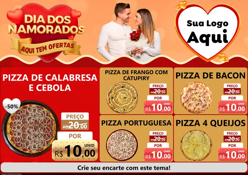 Modelo de Encarte para Encarte A4 Horizontal com o tema Dia dos Namorados - Aqui Tem Ofertas para Pizzaria