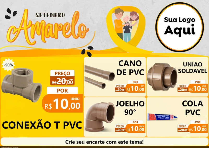 Modelo de Encarte para Encarte A4 Horizontal com o tema Setembro Amarelo para Tubos e conexões