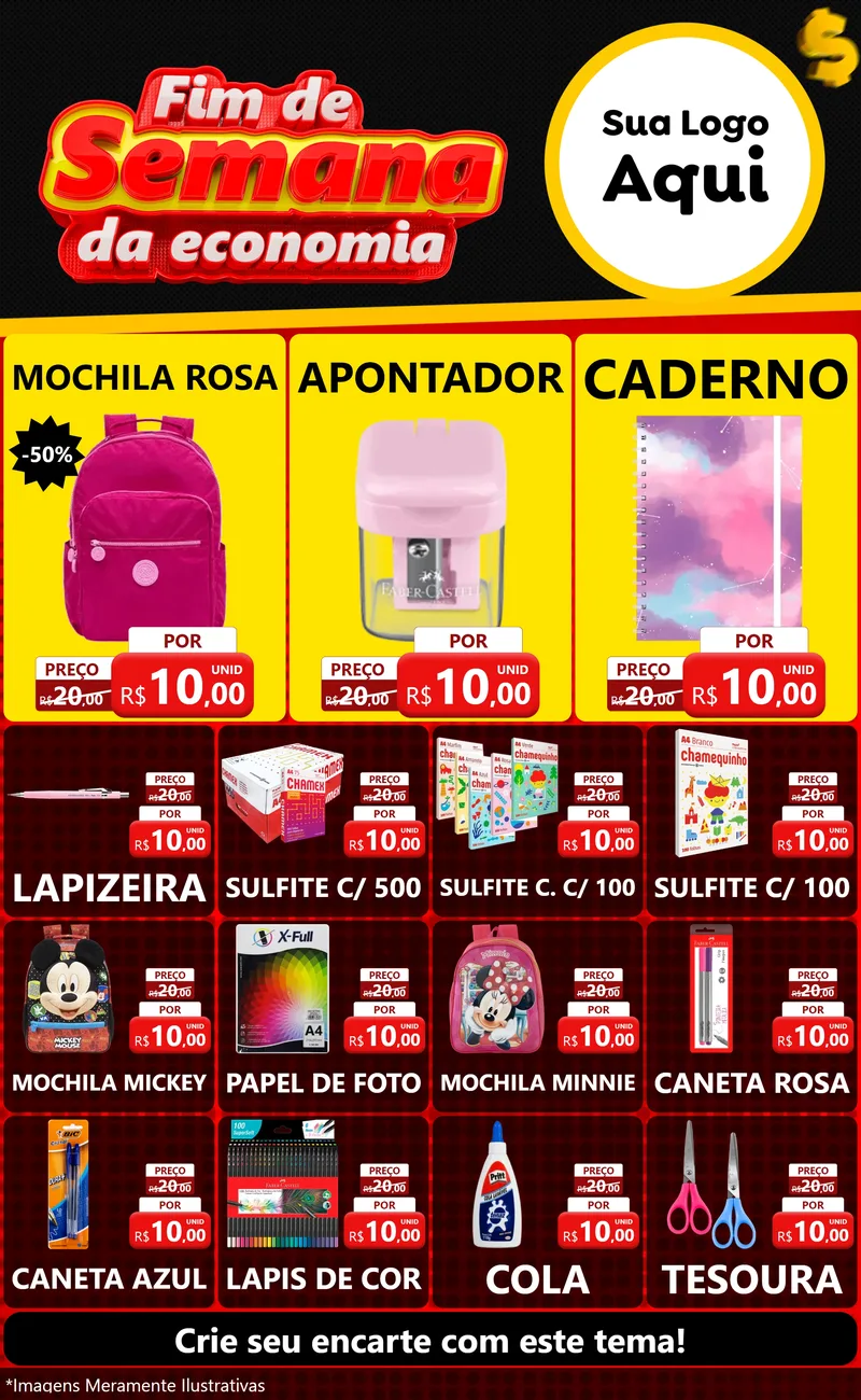 Modelo de Encarte para Encarte Grande com o tema Fim de Semana da Economia para Papelaria