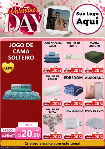 Modelo de Encarte para Encarte A4 Vertical com o tema Valentine's Day para Cama, Mesa e Banho