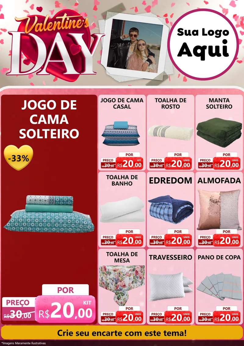 Modelo de Encarte para Encarte A4 Vertical com o tema Valentine's Day para Cama, Mesa e Banho
