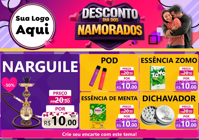 Modelo de Encarte para Encarte A4 Horizontal com o tema Desconto Dia dos Namorados para Tabacaria