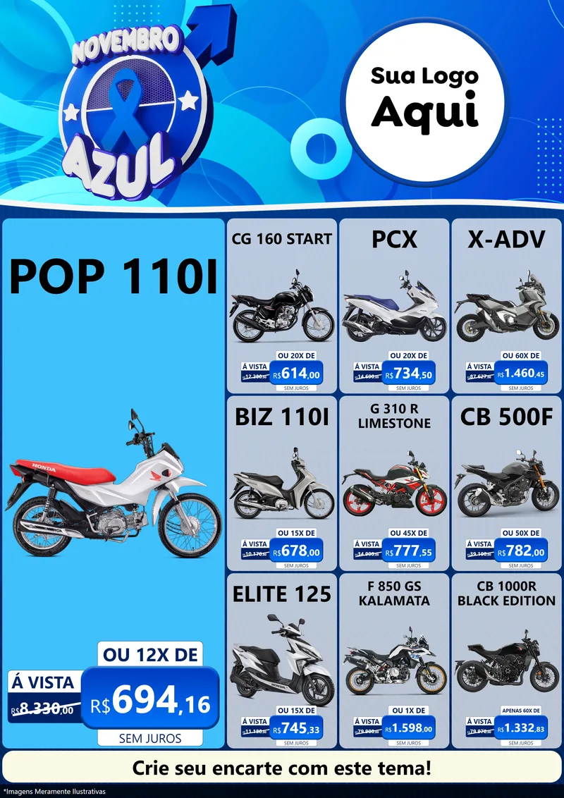 Modelo de Encarte para Encarte A4 Vertical com o tema Novembro Azul para Concessionaria de Motos