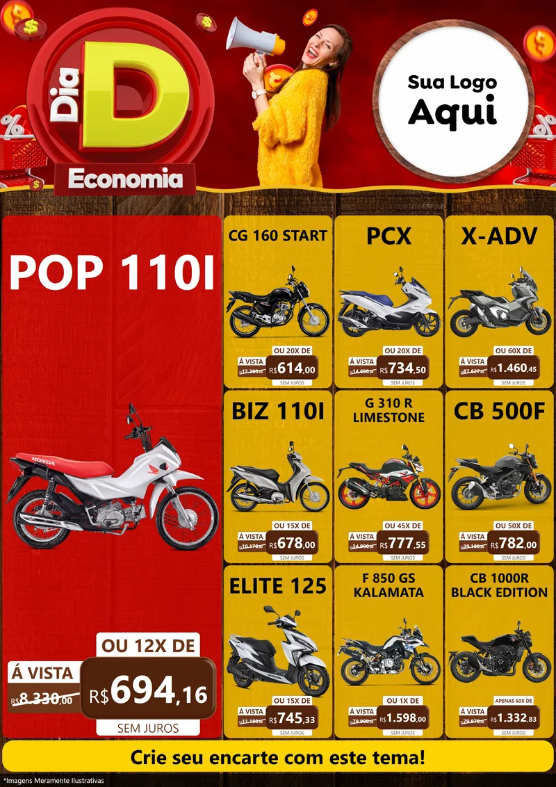 Modelo de Encarte para Encarte A4 Vertical com o tema Dia D Economia para Concessionaria de Motos