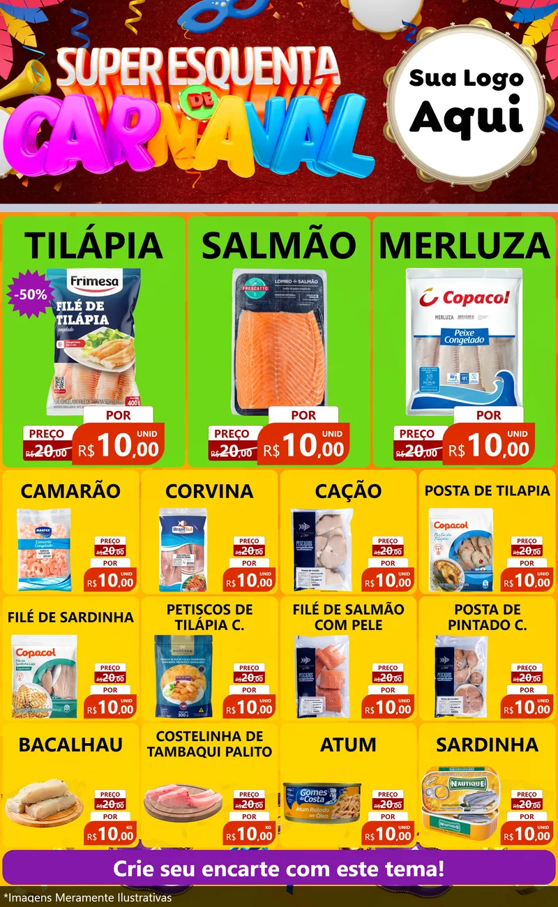 Modelo de Encarte para Encarte Grande com o tema Super Esquenta de Carnaval para Peixaria