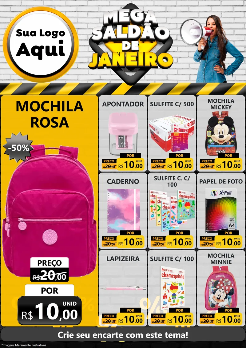 Modelo de Encarte para Encarte A4 Vertical com o tema Mega Saldão de Janeiro para Papelaria