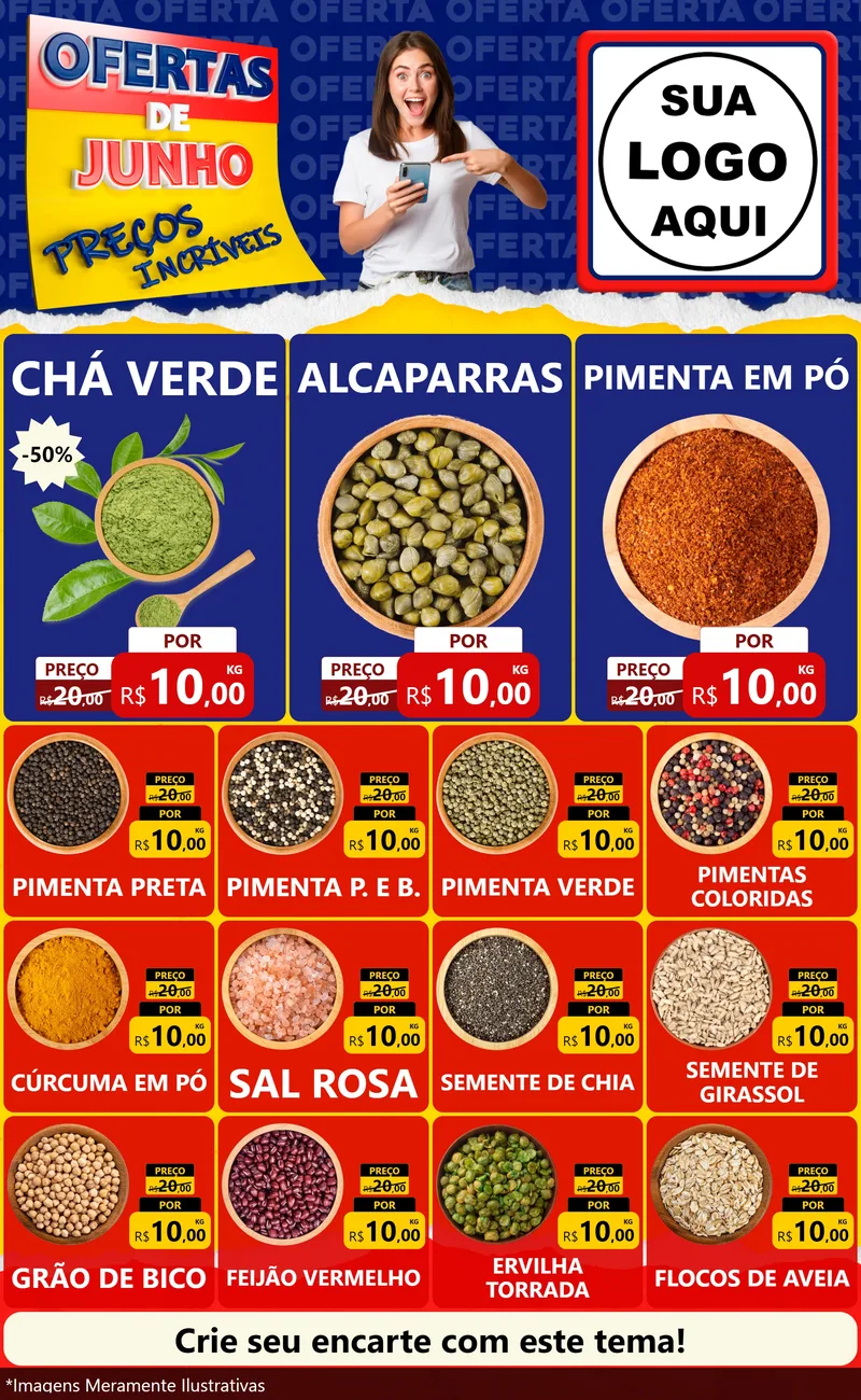 Modelo de Encarte para Encarte Grande com o tema Ofertas de Junho - Preços Incríveis para Produtos Naturais