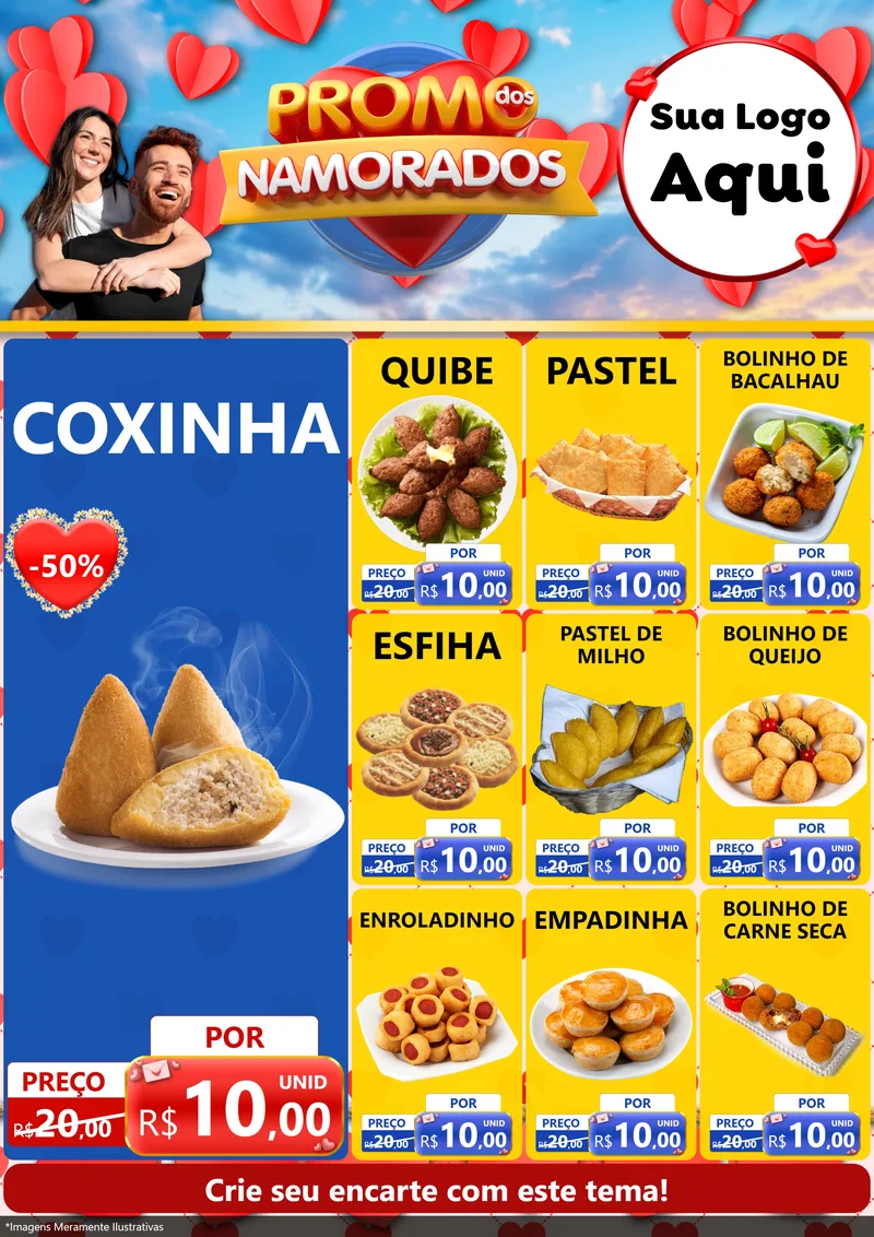 Modelo de Encarte para Encarte A4 Vertical com o tema Promo dos Namorados para Salgadaria