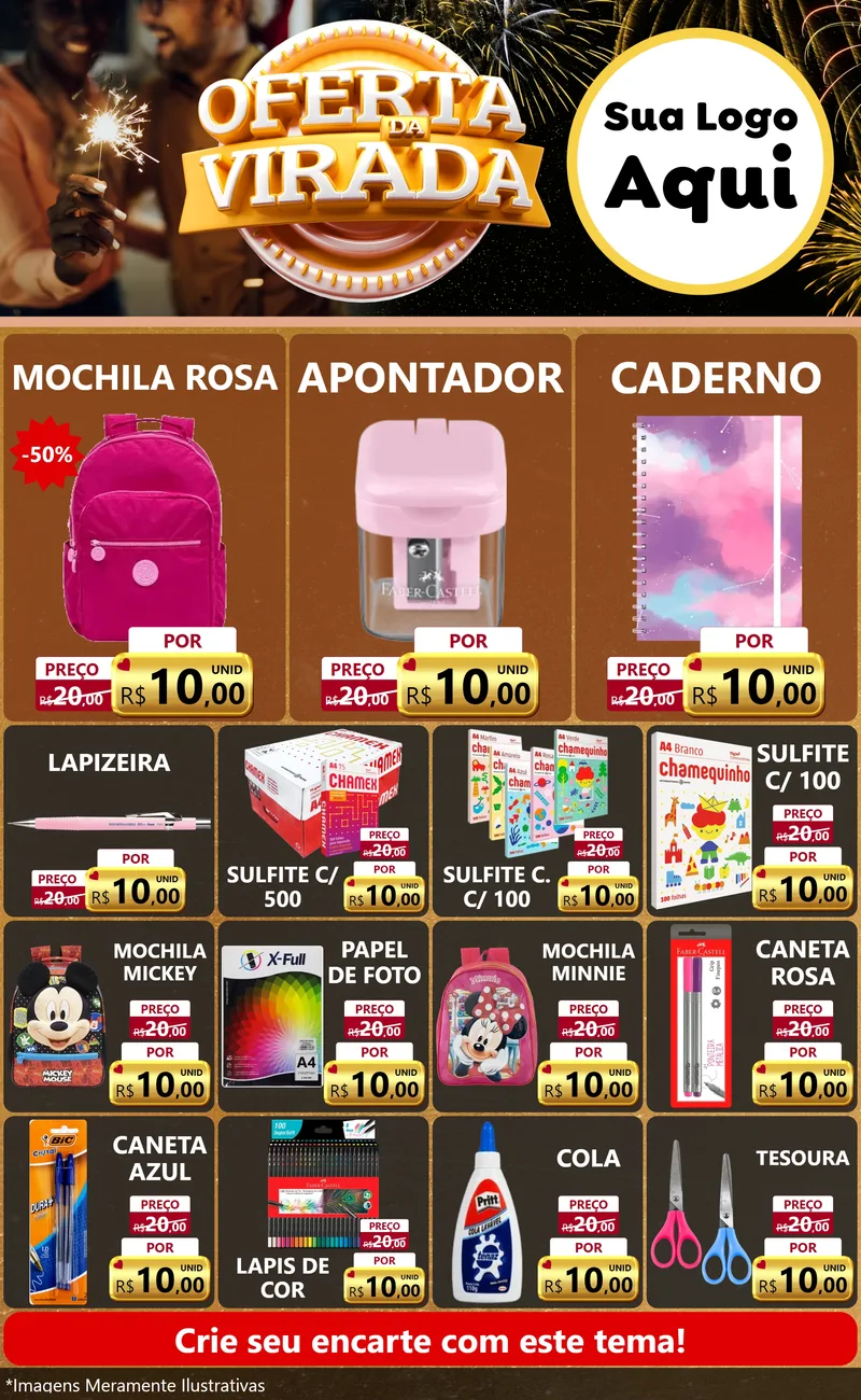 Modelo de Encarte para Encarte Grande com o tema Oferta da Virada para Papelaria