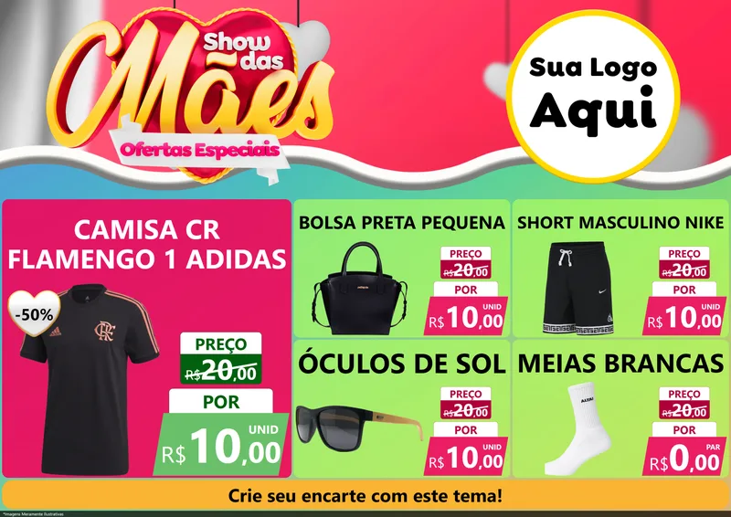 Modelo de Encarte para Encarte A4 Horizontal com o tema Show das Mães - Ofertas Especiais para Roupas e acessórios
