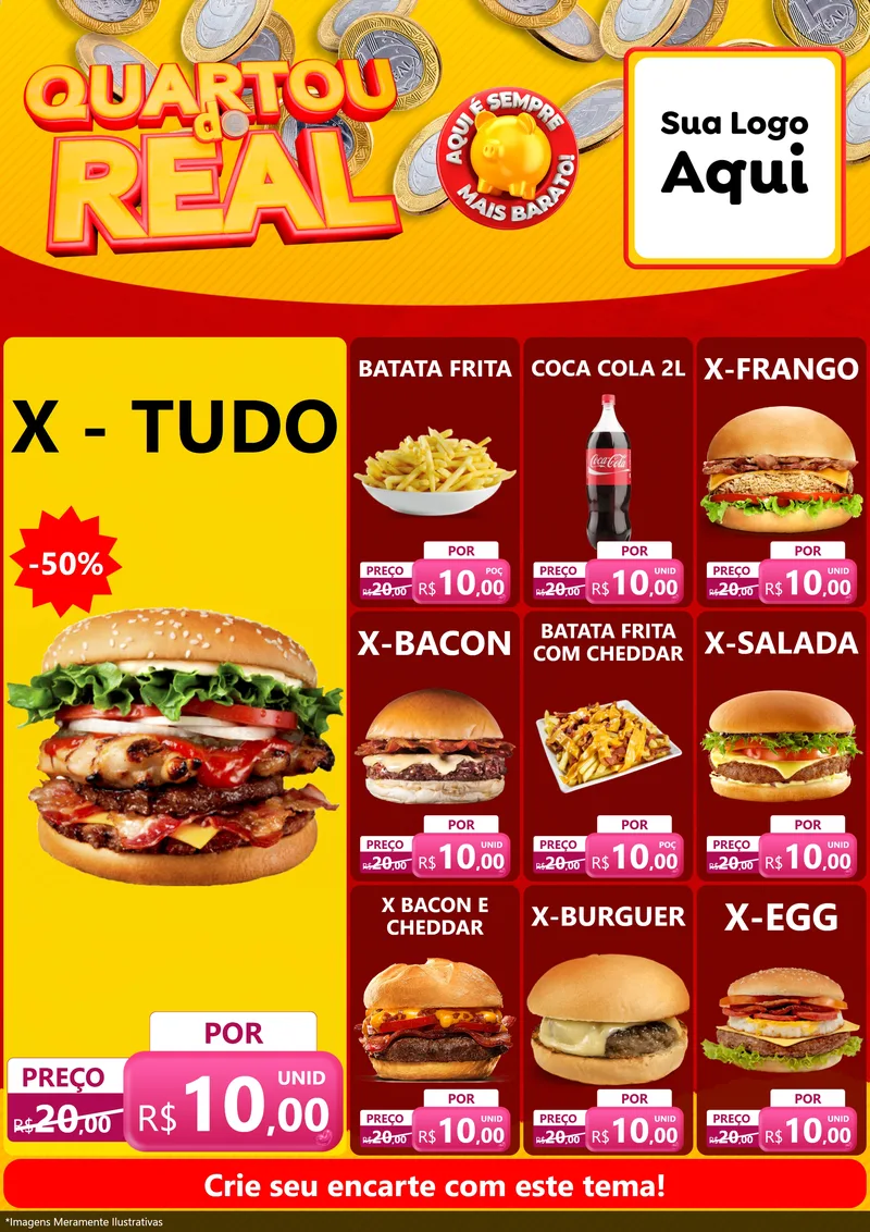 Modelo de Encarte para Encarte A4 Vertical com o tema Quartou do Real para Hamburgueria