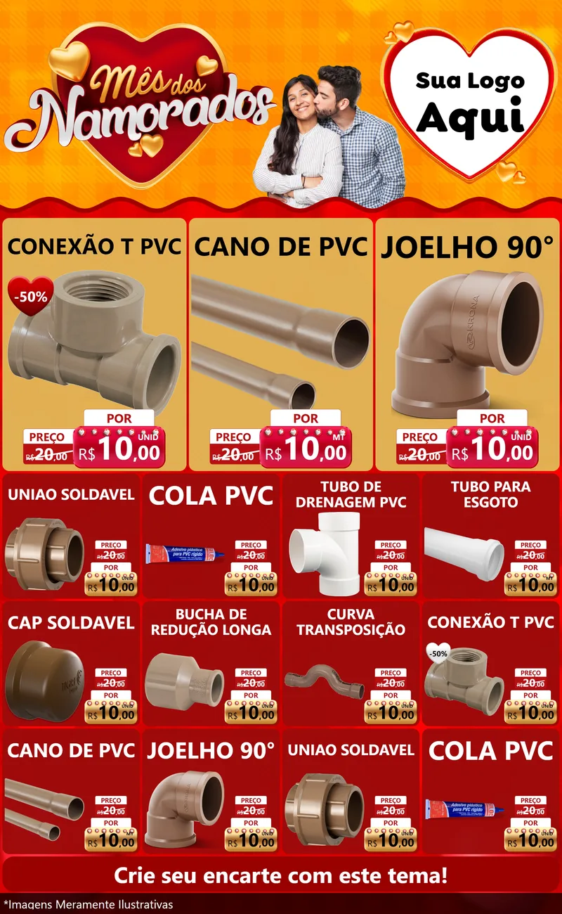 Modelo de Encarte para Encarte Grande com o tema Mês dos Namorados para Tubos e conexões