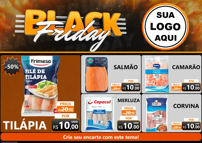 Modelo de Encarte para Encarte A4 Horizontal com o tema Black Friday para Peixaria