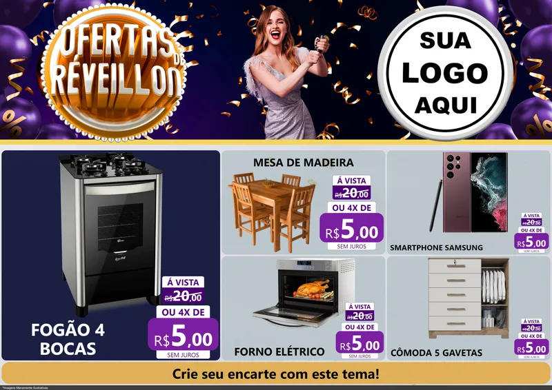 Modelo de Encarte para Encarte A4 Horizontal com o tema Ofertas de Réveillon para Móveis e Eletro