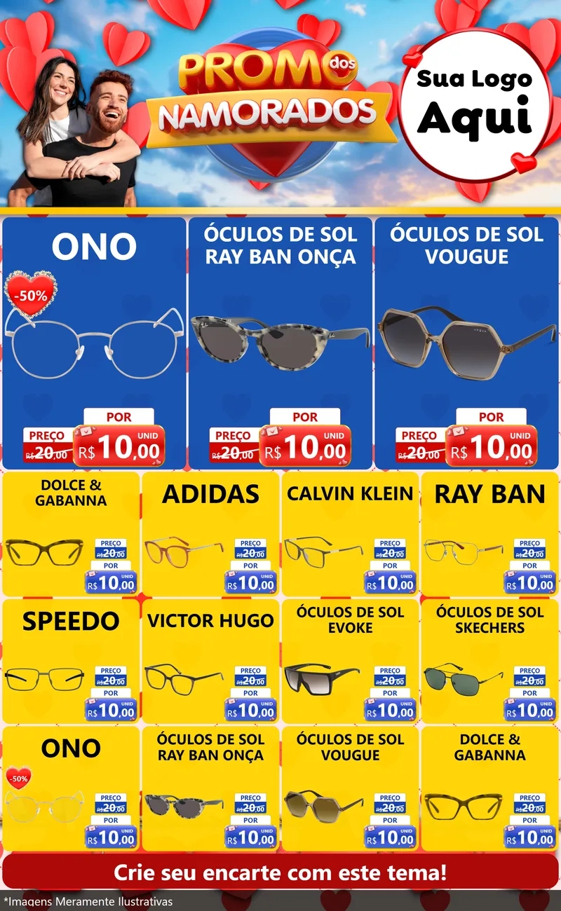 Modelo de Encarte para Encarte Grande com o tema Promo dos Namorados para Óticas