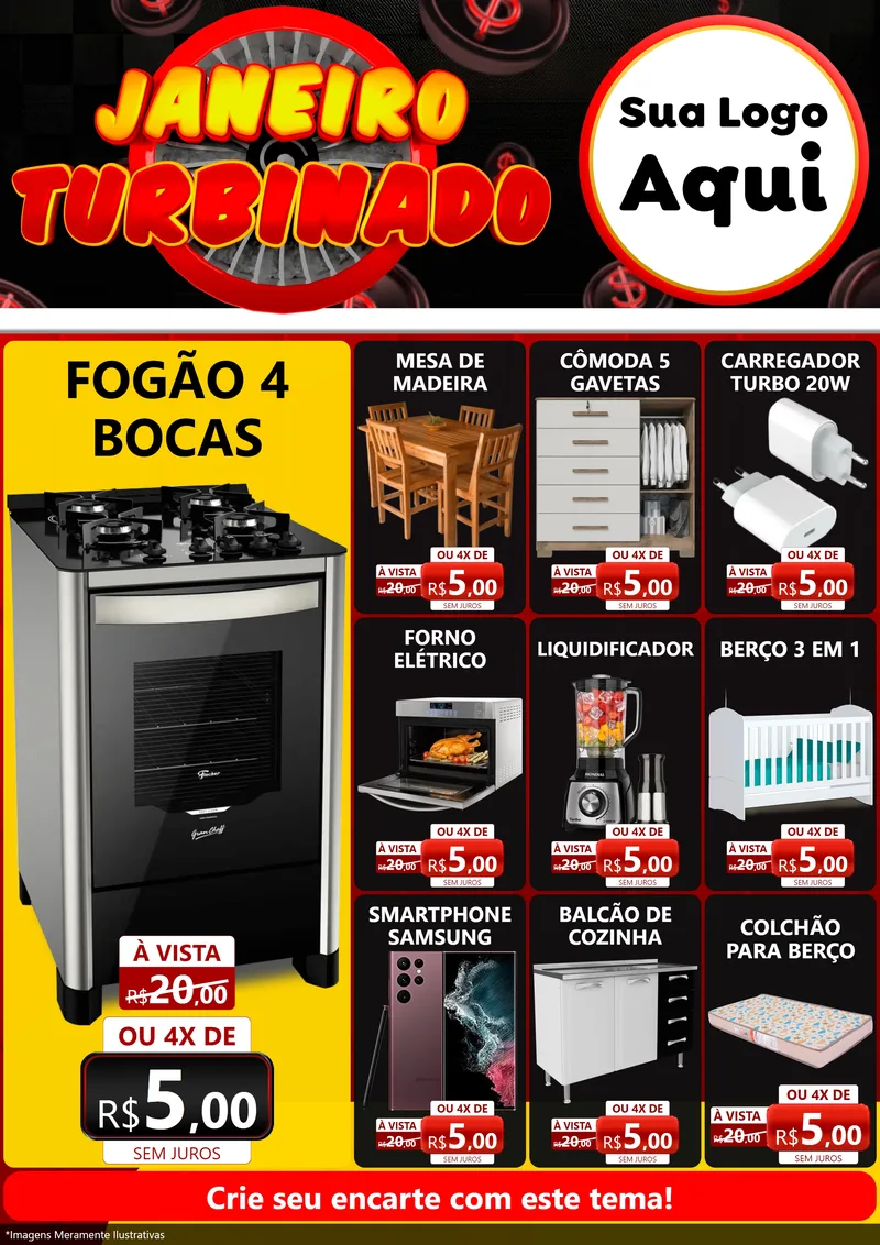 Modelo de Encarte para Encarte A4 Vertical com o tema Janeiro Turbinado para Móveis e Eletro