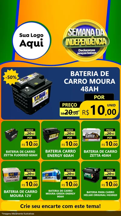 Modelo de Rede Social para Stories com o tema Semana da Independência Declaramos Preços Baixos para Baterias Elétricas