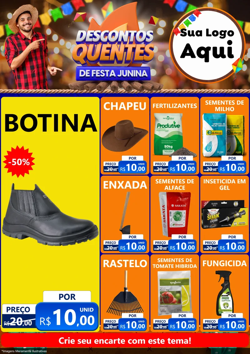 Modelo de Encarte para Encarte A4 Vertical com o tema Descontos Quentes de Festa Junina para Agropecuária