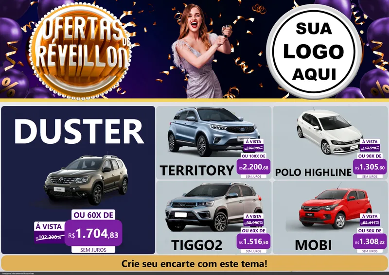 Modelo de Encarte para Encarte A4 Horizontal com o tema Ofertas de Réveillon para Concessionaria de Carros