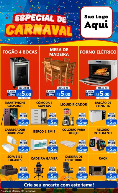Modelo de Encarte para Encarte Grande com o tema Especial de Carnaval para Móveis e Eletro