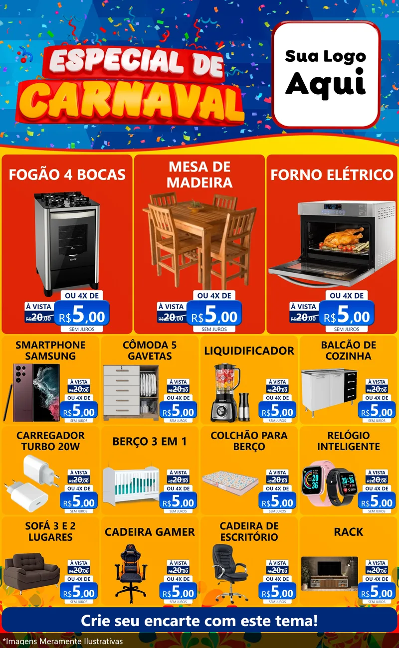 Modelo de Encarte para Encarte Grande com o tema Especial de Carnaval para Móveis e Eletro