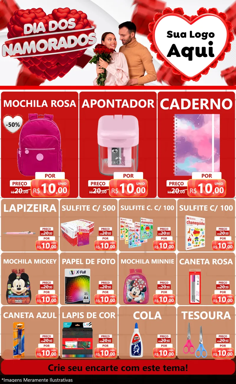 Modelo de Encarte para Encarte Grande com o tema Dia dos Namorados para Papelaria