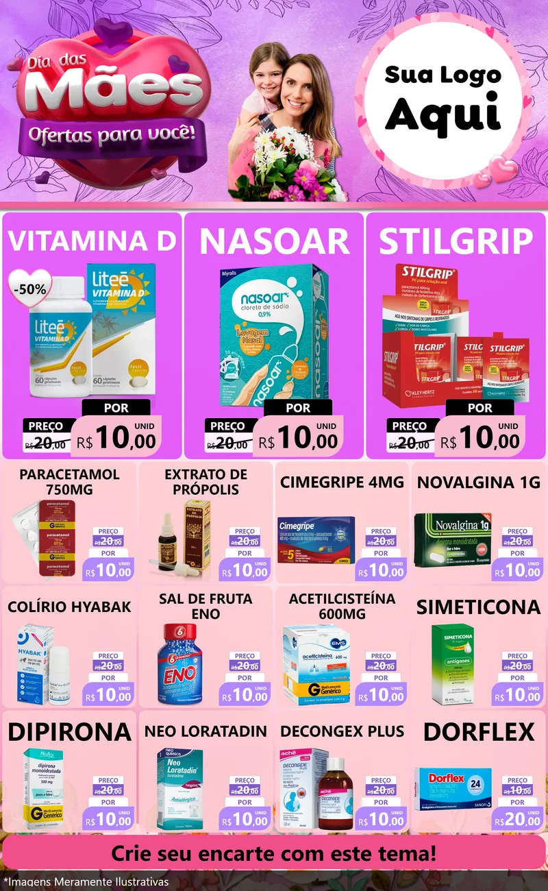 Modelo de Encarte para Encarte Grande com o tema Dia das Mães Ofertas para Você! para Farmácia