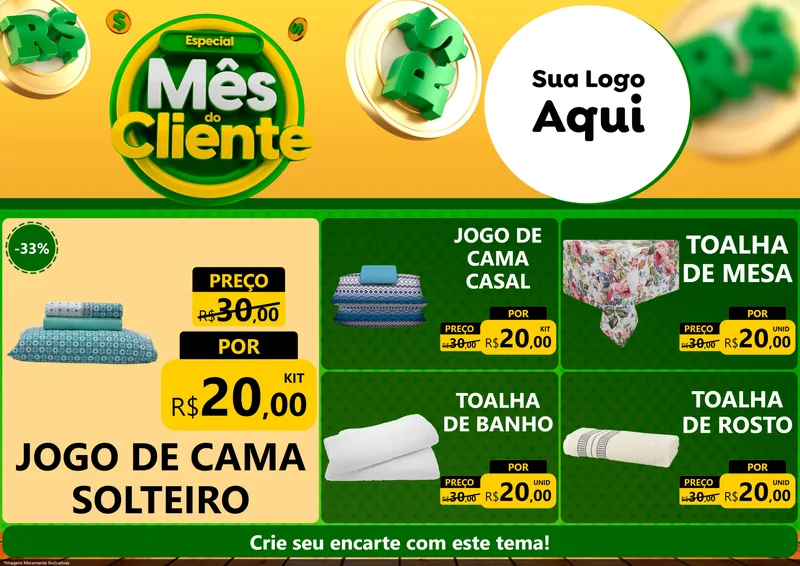 Modelo de Encarte para Encarte A4 Horizontal com o tema Especial Mês do Cliente para Cama, Mesa e Banho