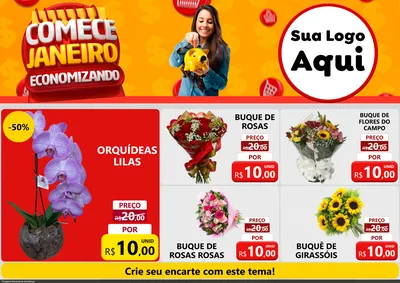 Modelo de Encarte para Encarte A4 Horizontal com o tema Comece Janeiro Economizando para Floricultura e jardim