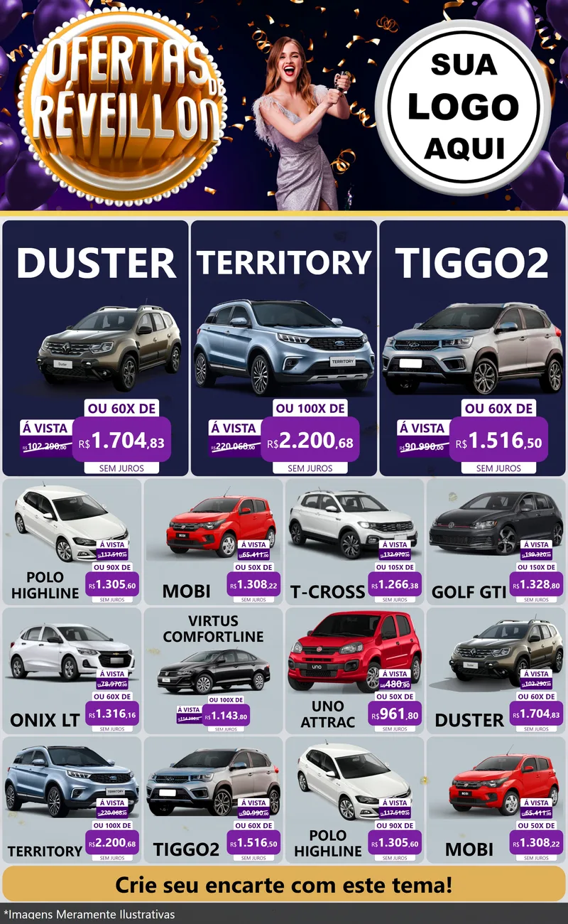 Modelo de Encarte para Encarte Grande com o tema Ofertas de Réveillon para Concessionaria de Carros