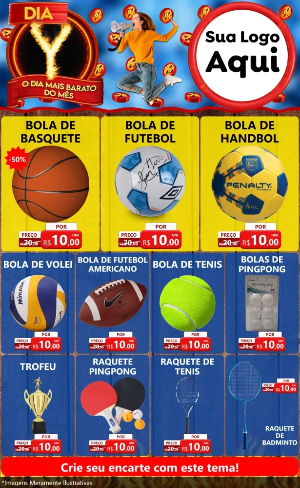 Modelo de Encarte para Encarte Grande com o tema Dia Y - O Dia Mais Barato Do Mês para Artigos Esportivos