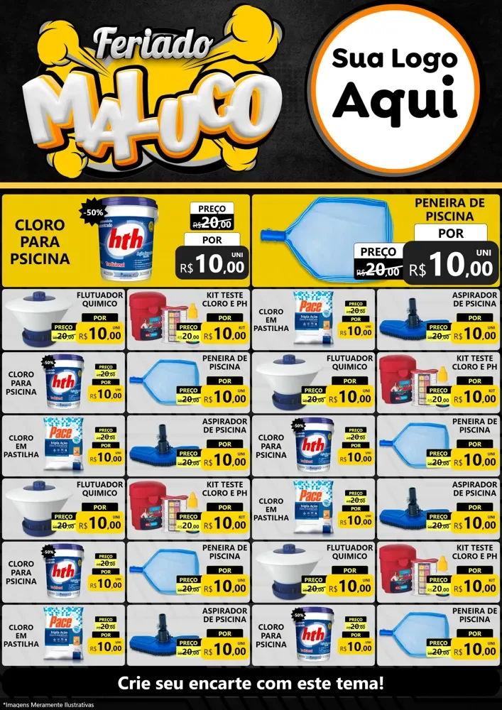 Modelo de Encarte para Encarte A4 Vertical com o tema Feriado Maluco para Produtos para Piscina