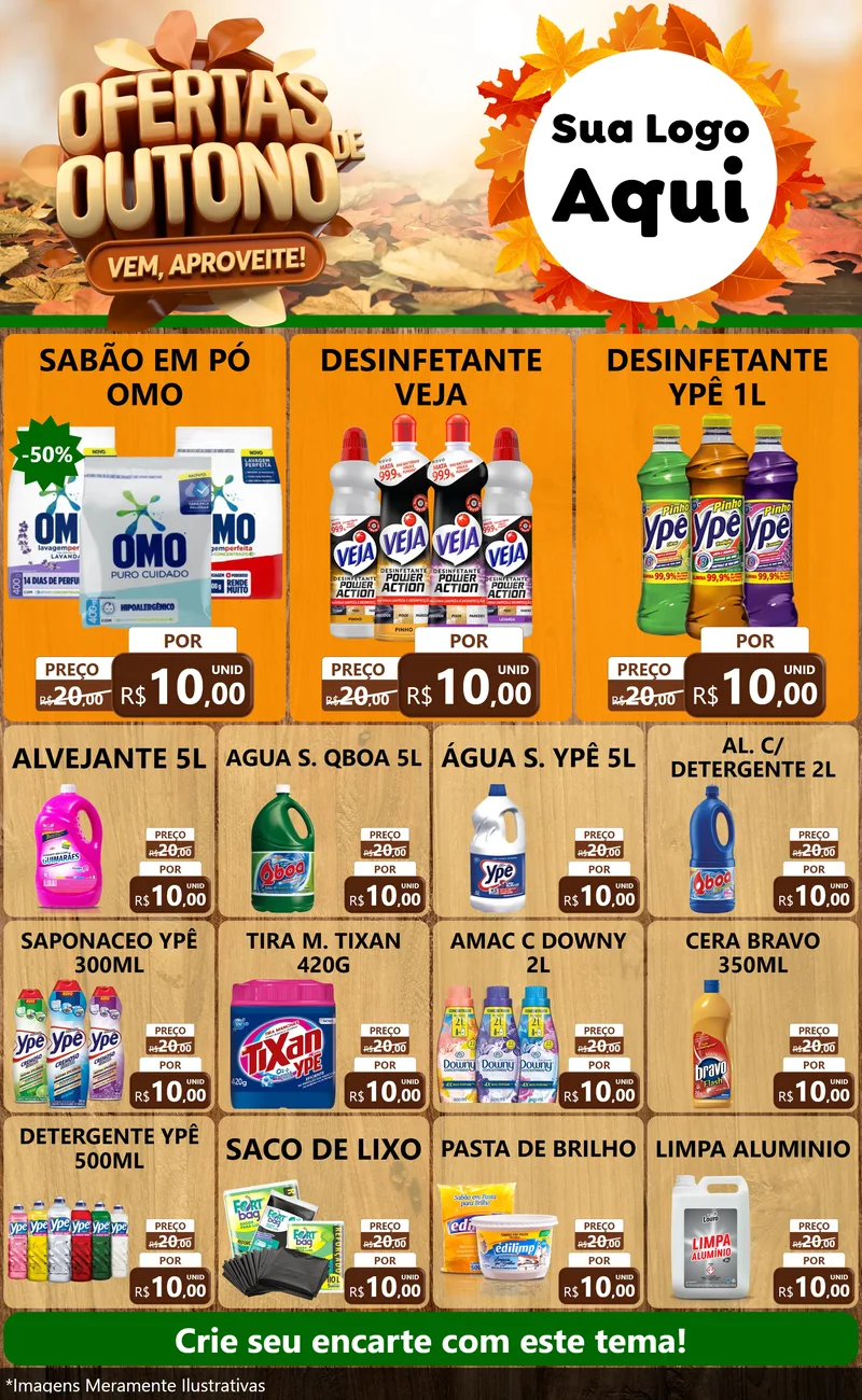 Modelo de Encarte para Encarte Grande com o tema Ofertas de Outono - Vem, Aproveite! para Produtos de Limpeza