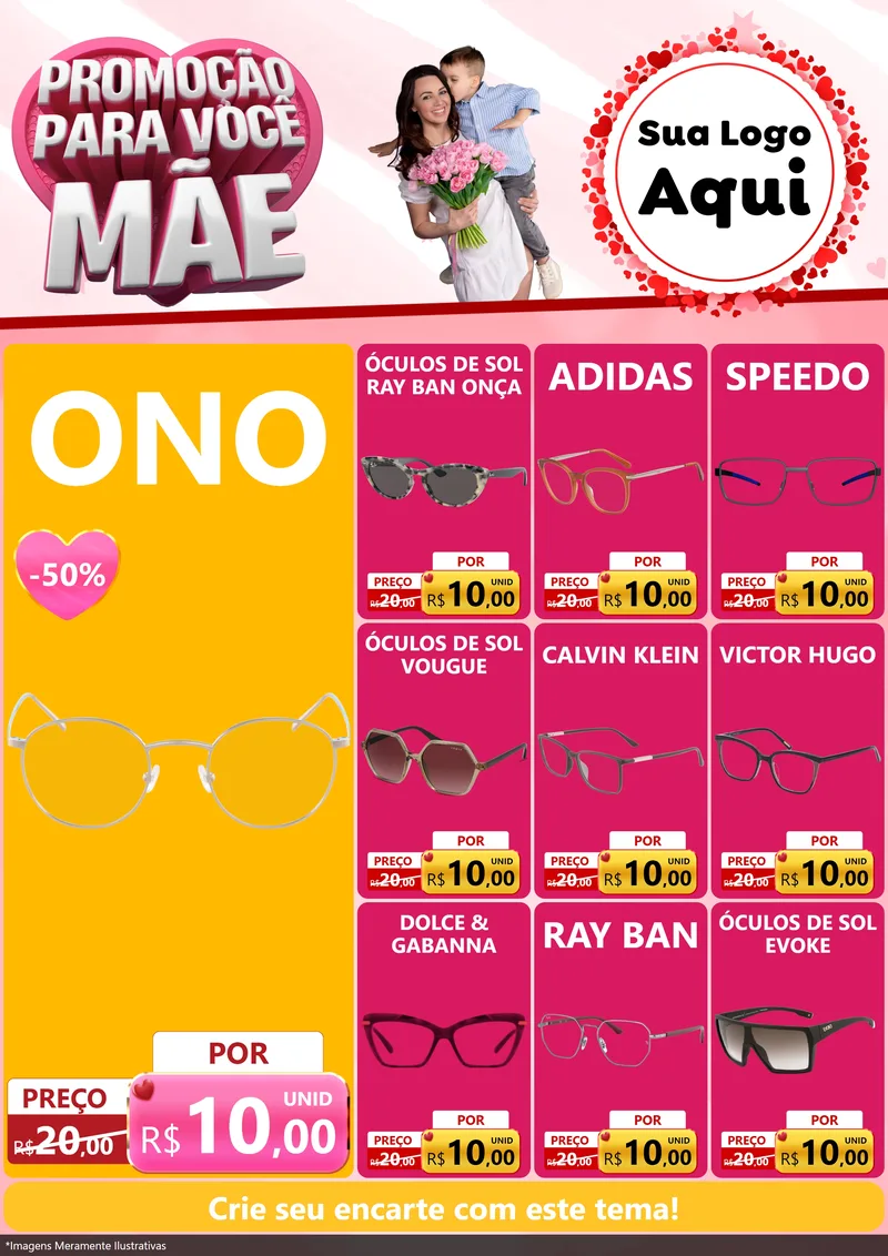 Modelo de Encarte para Encarte A4 Vertical com o tema Promoção Para Você Mãe para Óticas
