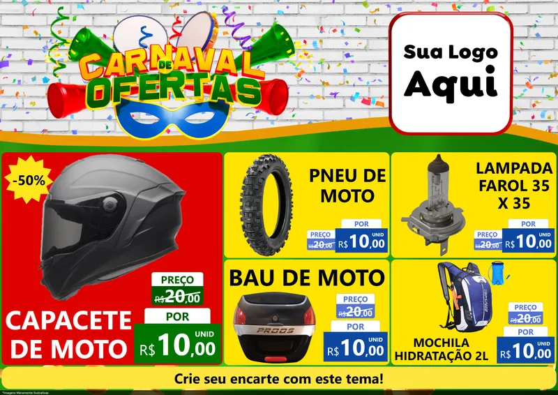 Modelo de Encarte para Encarte A4 Horizontal com o tema Carnaval de Ofertas para Moto peças