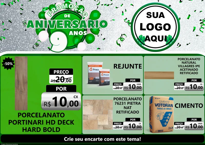 Modelo de Encarte para Encarte A4 Horizontal com o tema Promoção de Aniversário - 9 Anos para Pisos e revestimentos