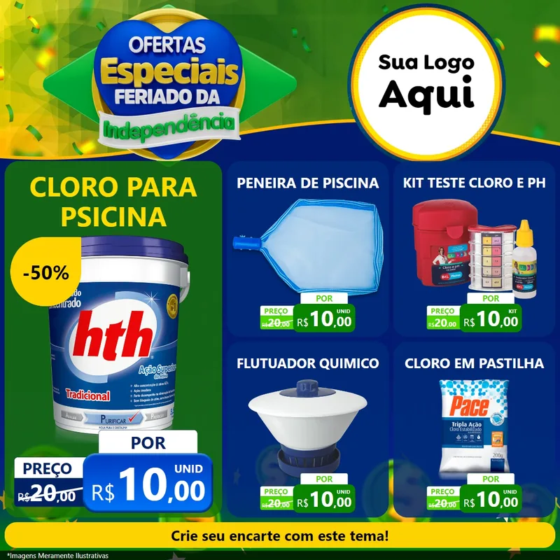 Modelo de Rede Social para Feed Facebook com o tema Ofertas Especiais Feriado da Independência para Produtos para Piscina