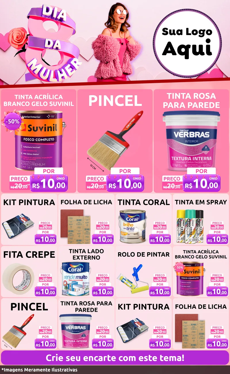 Modelo de Encarte para Encarte Grande com o tema Dia da Mulher para Tintas e Ferramentas